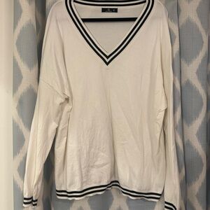 V-Neck White Sweater with Black Trim